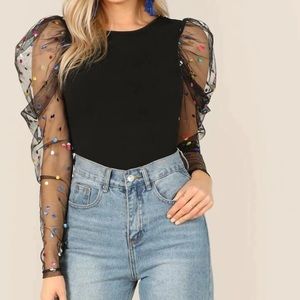 Dot Mesh Gigot Sleeve Skinny Tee